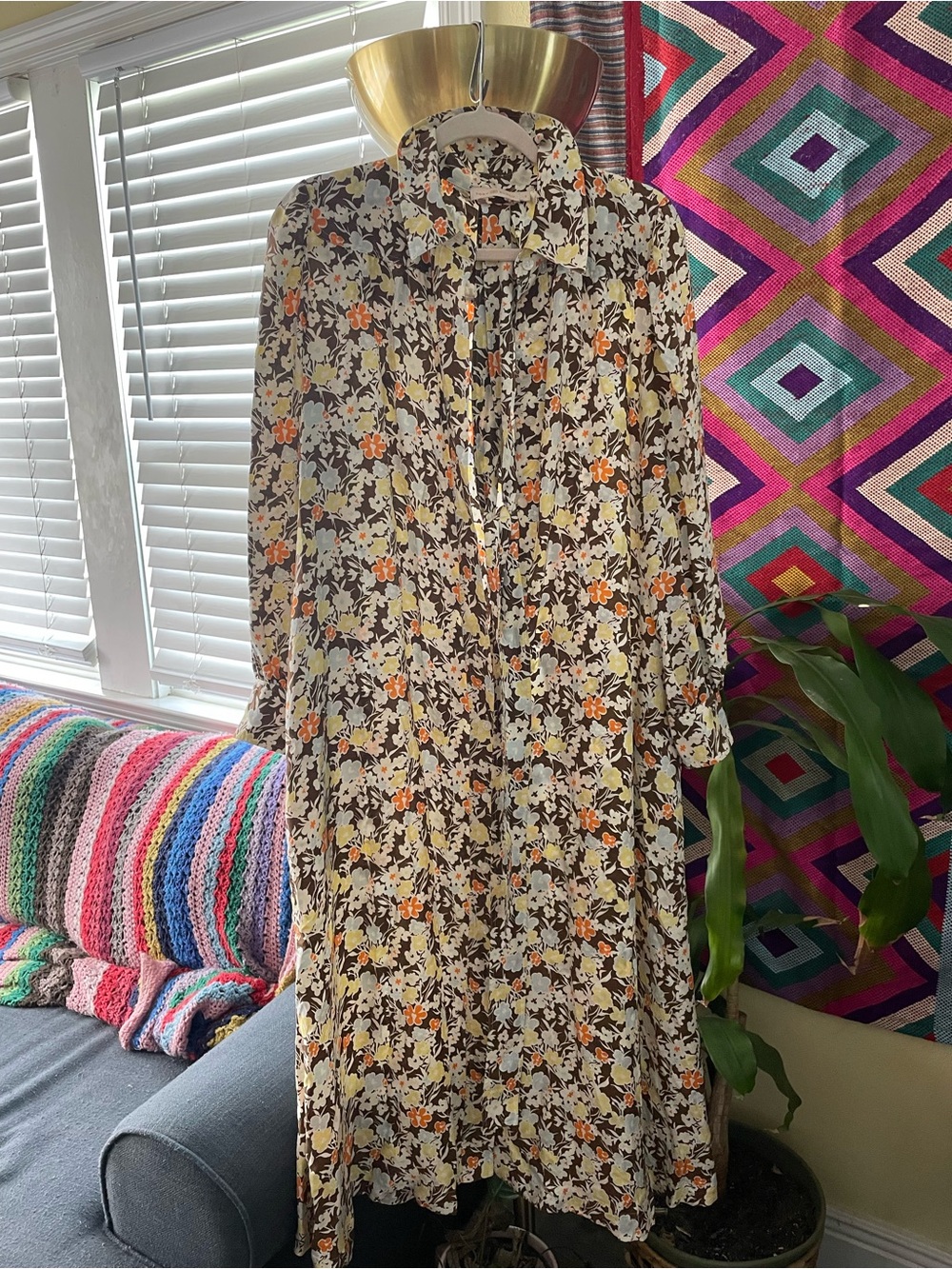 Tory Burch Floral Long Sleeve Dress in Cream, Brown & Orange
